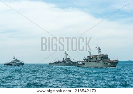 Pattaya Thailand - November 9 2017 Navy warship running on sea on the 50th anniversary ASEAN international fleet review 2017 drill in Pattaya Thailand