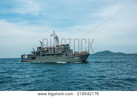 Pattaya Thailand - November 9 2017 Navy warship running on sea on the 50th anniversary ASEAN international fleet review 2017 drill in Pattaya Thailand