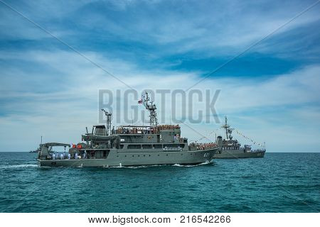 Pattaya Thailand - November 9 2017 Navy warship running on sea on the 50th anniversary ASEAN international fleet review 2017 drill in Pattaya Thailand