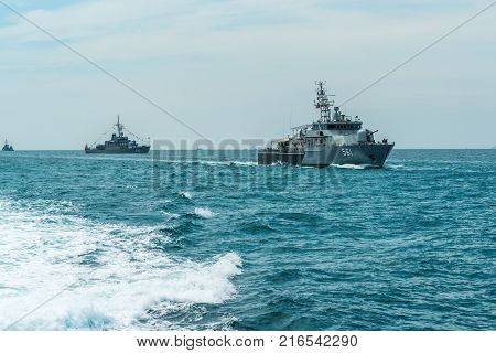 Pattaya Thailand - November 9 2017 Navy warship running on sea on the 50th anniversary ASEAN international fleet review 2017 drill in Pattaya Thailand