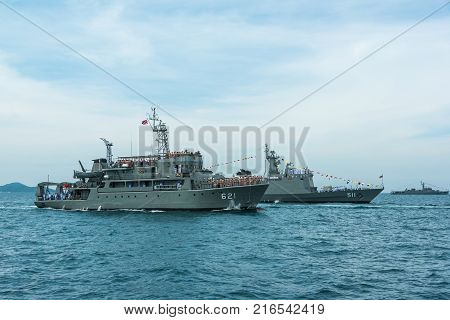 Pattaya Thailand - November 9 2017 Navy warship running on sea on the 50th anniversary ASEAN international fleet review 2017 drill in Pattaya Thailand