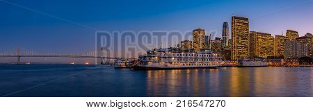San Francisco Belle And Downtown At Chrismas From Wooden Pier 7 At Sunset.
