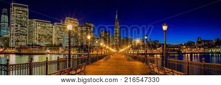 San Francisco Belle And Downtown At Chrismas From Wooden Pier 7 At Sunset.