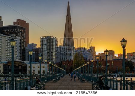 San Francisco Belle And Downtown At Chrismas From Wooden Pier 7 At Sunset.