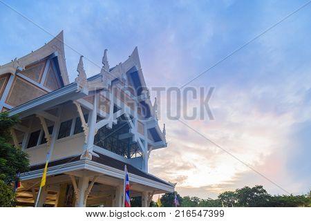 Nakhon Pathom Thailand - July 30 2017 : Auditorium in Phutthamonthon with a clouds and blue sky in the morning. Architecture in Buddhism.
