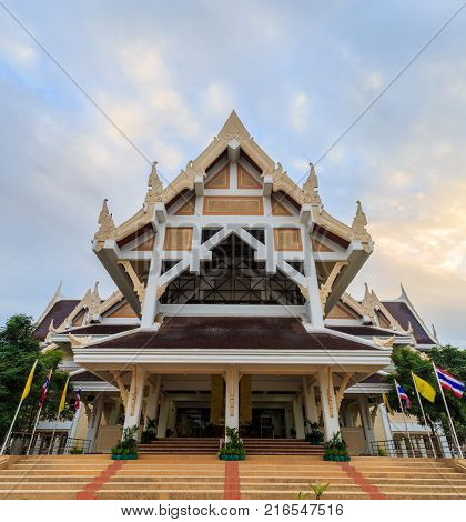 Nakhon Pathom Thailand - July 30 2017 : Auditorium in Phutthamonthon with a clouds and blue sky in the morning. Architecture in Buddhism.