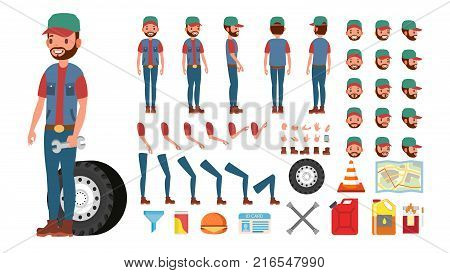 Truck Driver Vector. Animated Trucker Character Creation Set. Full Length, Front, Side, Back View, Accessories, Emotions, Gestures. Isolated Flat Cartoon Illustration