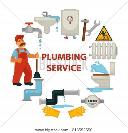 Plumbing service promotional poster with worker in uniform, broken sanitary engineering, pipes with leakage and tools for repairment isolated cartoon flat vector illustrations in circle around sign.