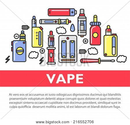 Vape accessories set on promotional poster with sample text. Alternative devices for smoking that produce smoke with flavors and its repairments isolated vector illustrations on white background.