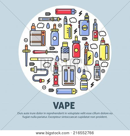 Vape shop advertisement with modern devices for smoking that produce steam with various flavors isolated cartoon flat vector illustrations set inside circle on blue background with sample text.