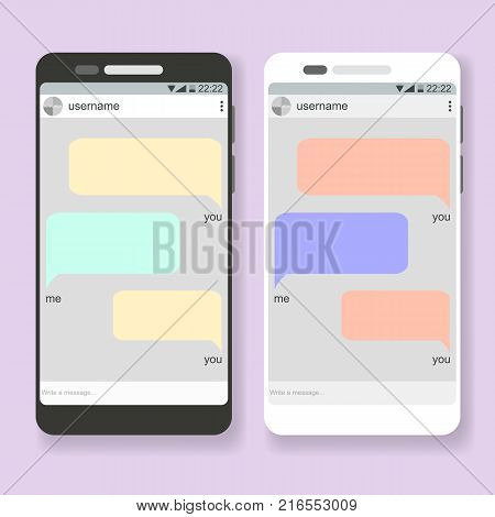 Flat vector smart phone with open social network messanger app between two people with post place for text. Phone mockup or template for message conversation design ssocial advertisement