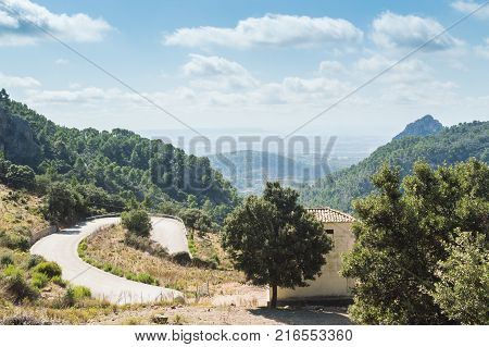 View from a viewpoint of one of the curves of the serpentine mountain road in the Sierra of Tramontana, Mallorca