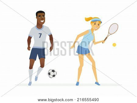Tennis and football players - cartoon people characters illustration isolated on white background. Young African sportsman running with a ball and woman with a racket both wearing uniform and smiling