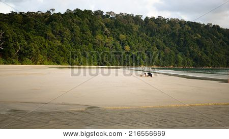 Couple sitting alone on an isolated Island