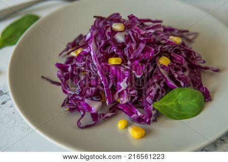 Fresh Red Cabbage Salad With Corn. Vegeterian And Diet Food