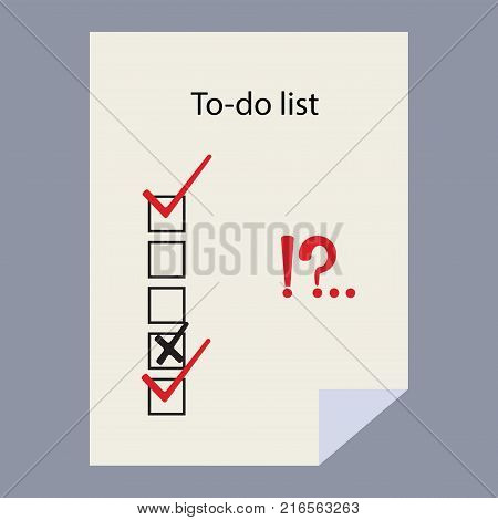 To-do list theme. Check list. Check marks and check boxes . To do list isolated on white background. Interrogative and exclamation marks.