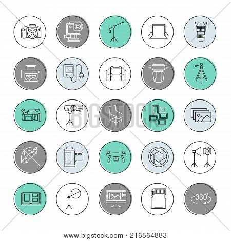 Photography equipment flat line icons. Digital, video camera, lighting, accessories, memory card, tripod lens film. Vector illustration, signs for photo studio or store.
