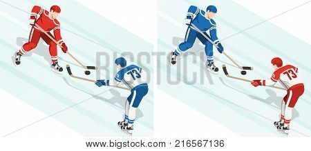 Fght for the puck at the hockey game. 2 variants of the coloring of uniform. Isometric illustration.
