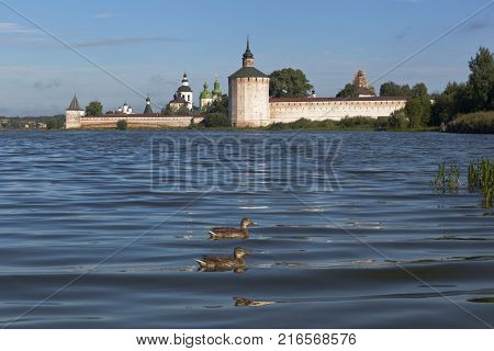 Kirillov, Vologda region, Russia - August 10, 2015: Siverskoe lake near the Kirillo-Belozersky Monastery in the early summer morning in Vologda region