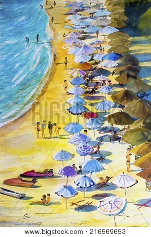 Painting seascape colorful of lovers family vacation and tourism in summery sea wave blue background. Painted Impressionist abstract image illustration.