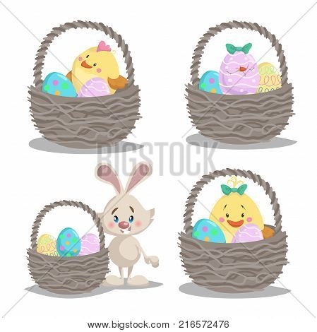 Spring easter symbols and seasonal vector illustrations set. Baskets with cute chick boy and girl easter bunny and painted eggs.