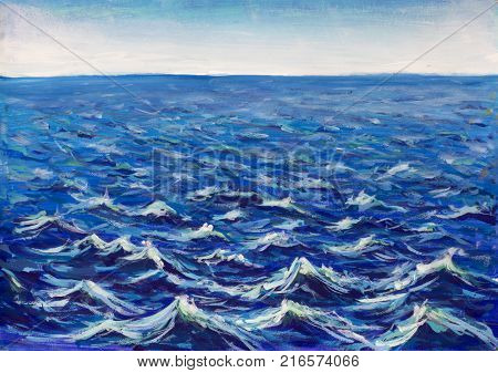 Big waves painting. Abstract sea blue turquoise wave vibrations. Marine waves background illustration.