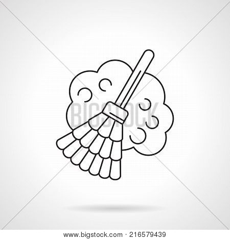 Symbol of broom and cloud of dust. Sweeping and other household chores. Flat black line vector icon.
