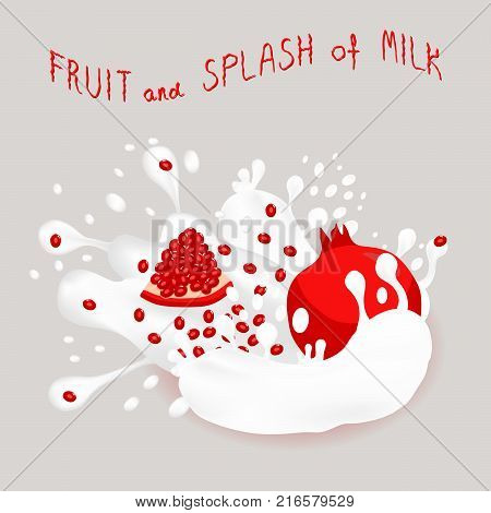 Abstract vector icon illustration logo for whole ripe fruit red garnet splash of drop white milk. Garnet pattern consisting of splashes drip flow liquid Milk. Eat sweet berries garnets in milks.
