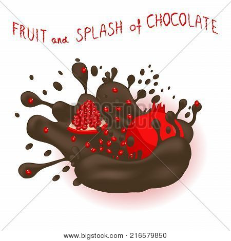 Vector icon illustration logo for ripe fruit red garnet splash of drop brown chocolate. Garnet pattern consisting of splashes drip flow liquid Chocolate. Eat sweet fruits garnets in chocolates.