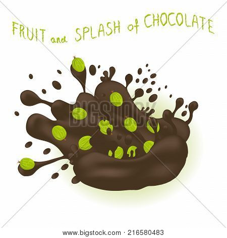Vector illustration logo for ripe berry green gooseberry splash of drop chocolate. Gooseberry pattern consisting of splashes drip flow liquid Chocolate. Eat sweet berries gooseberries in chocolates.
