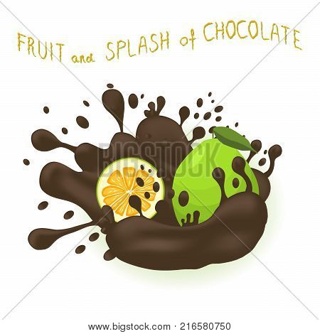 Abstract vector illustration logo for ripe citrus fruit green pomelo splash of drop chocolate. Pomelo pattern consisting of splashes drip flow liquid Chocolate. Eat sweet fruits pomelos in chocolates