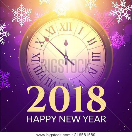 2018 new year shining background with clock. Happy new year 2018 celebration decoration poster, festive card template.