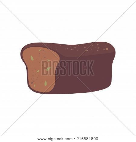 Fresh whole grain bread flat design element. Loaf of rye or brown brick-bread with seeds and spices. Cartoon style food illustration. Bakery products and baked goods. Vector object isolated on white.