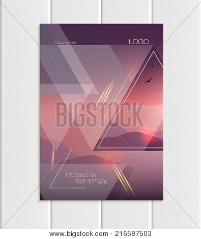 Stock vector brochure A4 or A5 format design business template with abstract triangles and mountain landscape at sunset, dawn background for ecology printed material, element corporate style cover