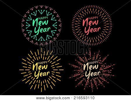 Happy New 2018 Year. Holiday Vector Illustration With Festive Typographic Composition. Happy New Year 2018 Label With Graphic Multicolored Firework Shape.