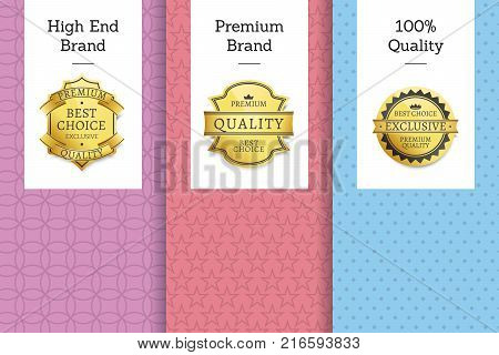 High end quality 100 premium brand golden labels set of logos design on colorful posters with text vector illustrations collection with stamps of gold