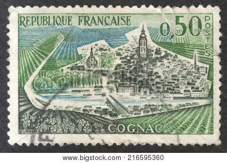 MOSCOW RUSSIA - CIRCA NOVEMBER 2017: a post stamp printed in FRANCE shows Cognac the series 