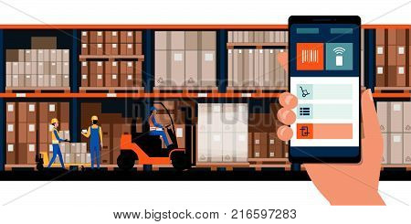 Warehousing and storage app on a smartphone goods and boxes on shelves in the warehouse and team of workers