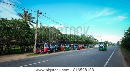 Colombo Sri Lanka - Sep 5 2015. Tuk-tuk taxis parking on street in Colombo Sri Lanka. Colombo is the largest city and the financial and commercial capital of Sri Lanka.