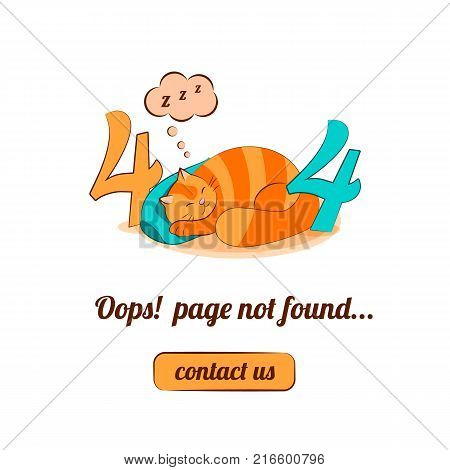 404 error page with cute cat sleeping and Warning message Oops Page Not Found.Search problem alert template for website design concept, vector illustration