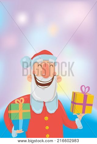 Funny smiling Santa Claus carries gifts in colorful boxes. Merry Christmas and Happy New Year greeting card. Vector illustration. Cartoon character on glowing colourful background.