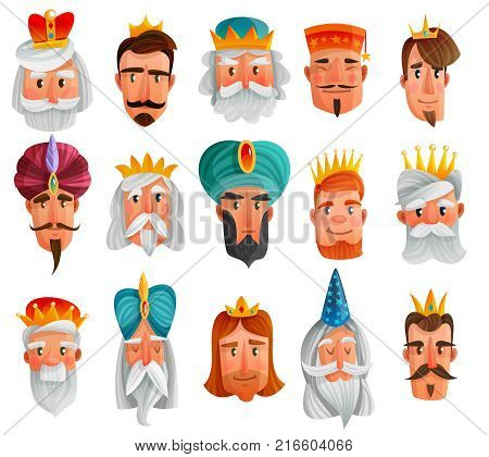 Royal characters cartoon set with faces of european and asian kings, princes, wise men isolated vector illustration