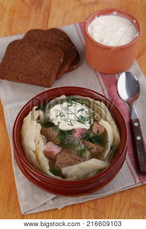 Lazy shchi, variation of traditional Russian cabbage soup with meat and sour cream
