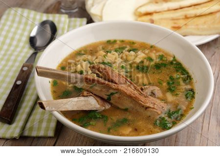 Soup Kharcho, the traditional Georgian soup with meat and rice