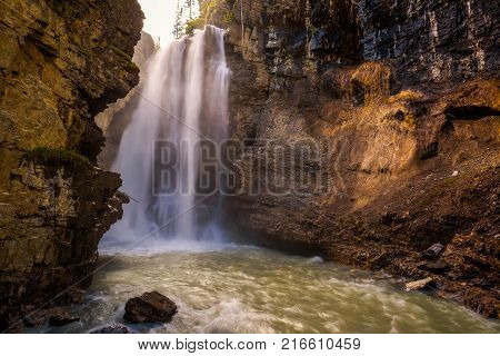 Waterfall in Johnston Canyon, Canada. Johnston Canyon is one of the most popular day hikes in Banff National Park.