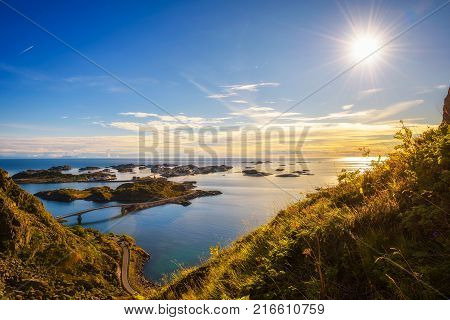 View from the hiking parth leading to the top of mount Festvagtinden above the village of Henningsvaer on Lofoten islands in Norway