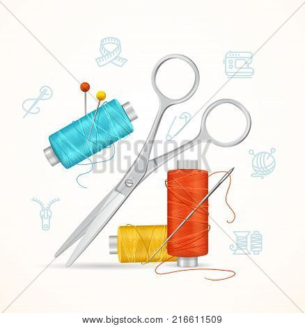 Sewing and Needlework Tools Concept with Realistic 3d Detailed Sharp Scissor for Store or Shop. Vector illustration of Tailoring Signs