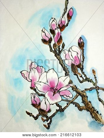 bright Pink magnolia flowers painted in Chinese style
