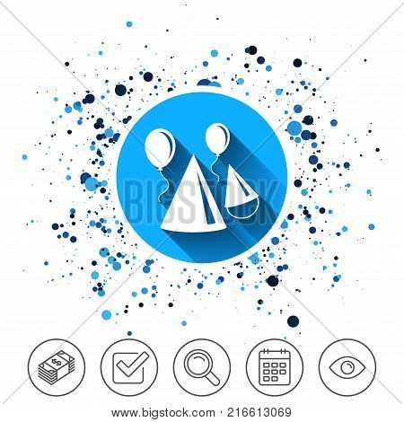 Button on circles background. Party hat sign icon. Birthday celebration symbol. Air balloon with rope. Calendar line icon. And more line signs. Random circles. Editable stroke. Vector