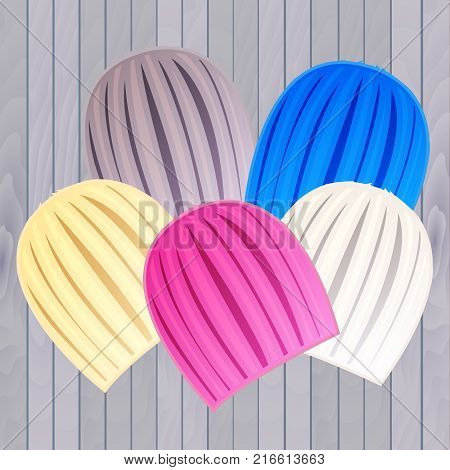 illustration of female knitted hats on a wooden background